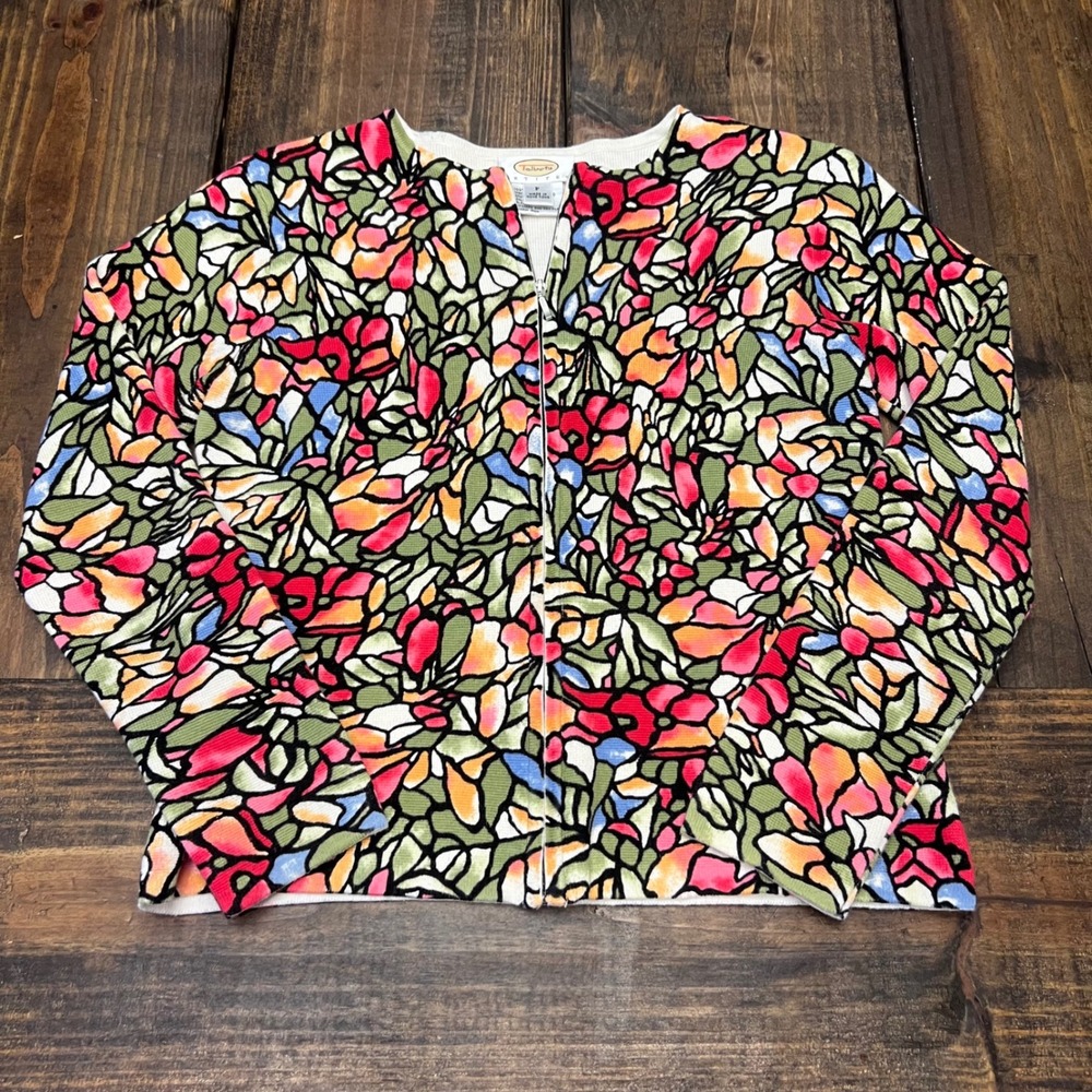 Talbots Petites Floral Print Zip Front Cardigan Sweater Women P/ XS, colorful
